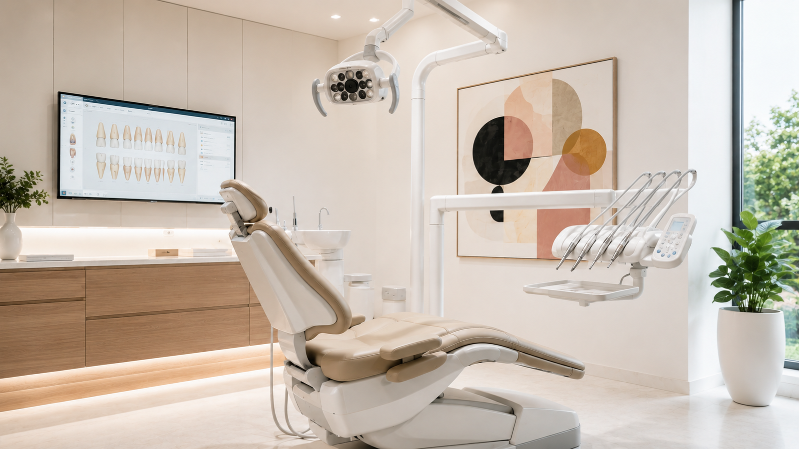 High-tech dental treatment room featuring an ergonomic patient chair and digital display