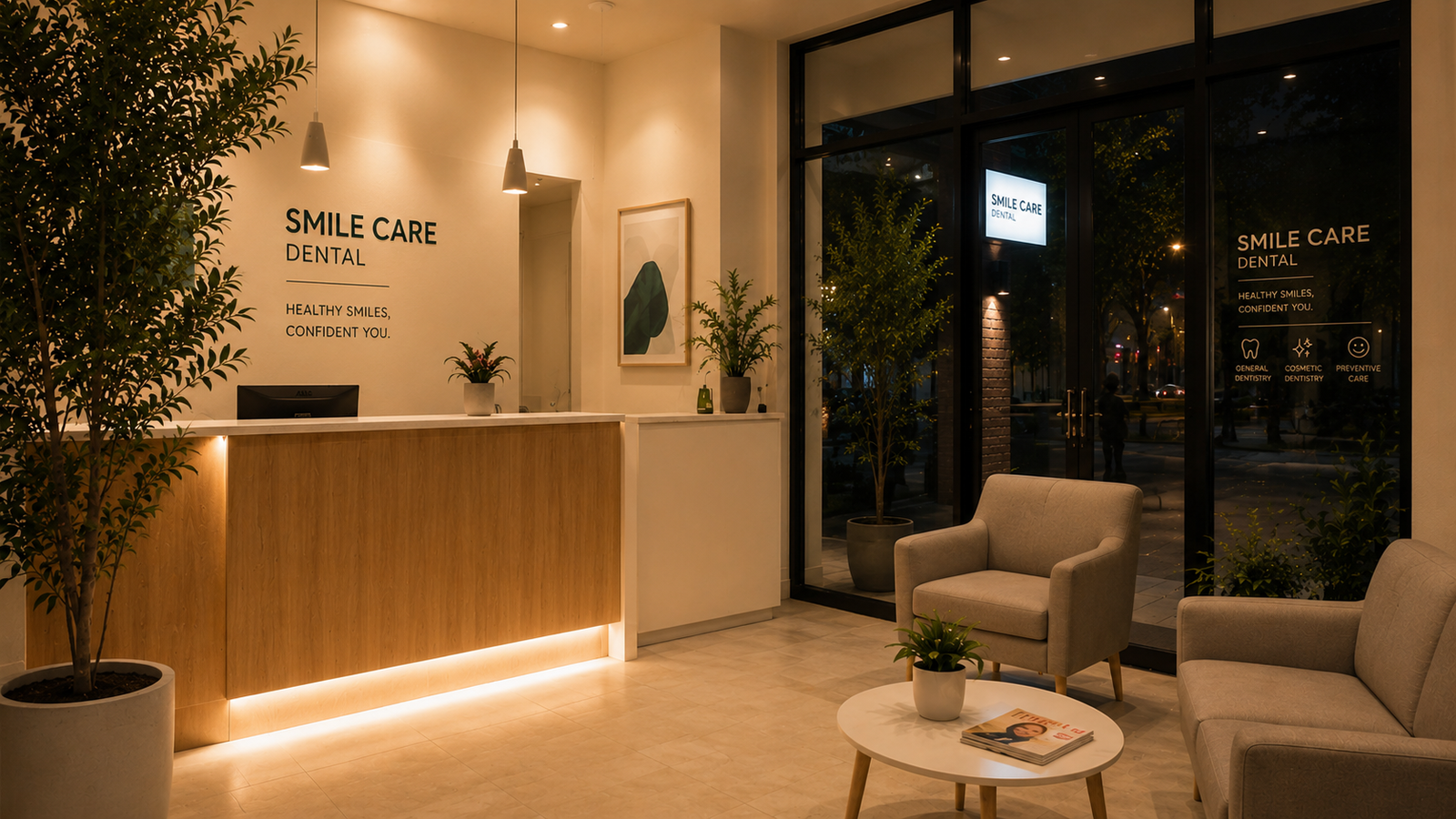 Modern dental clinic reception lounge with warm lighting and comfortable seating