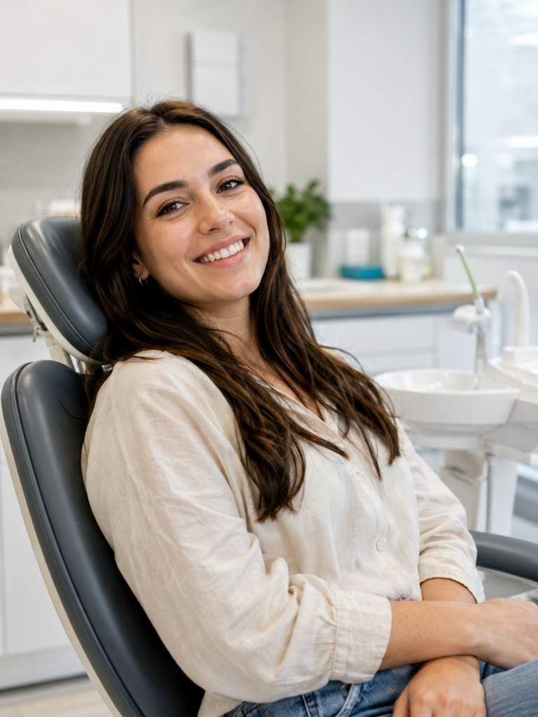 Female patient smiling comfortably after a painless dental procedure