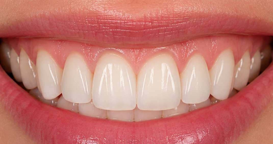 Close-up clinical after view showing a perfectly symmetrical and bright smile after treatment