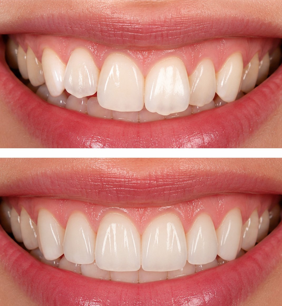 Split view comparing dental treatment results showing before and after cosmetic smile enhancement