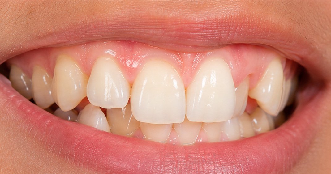 Close-up clinical before view showing deep bite and overlapping front teeth
