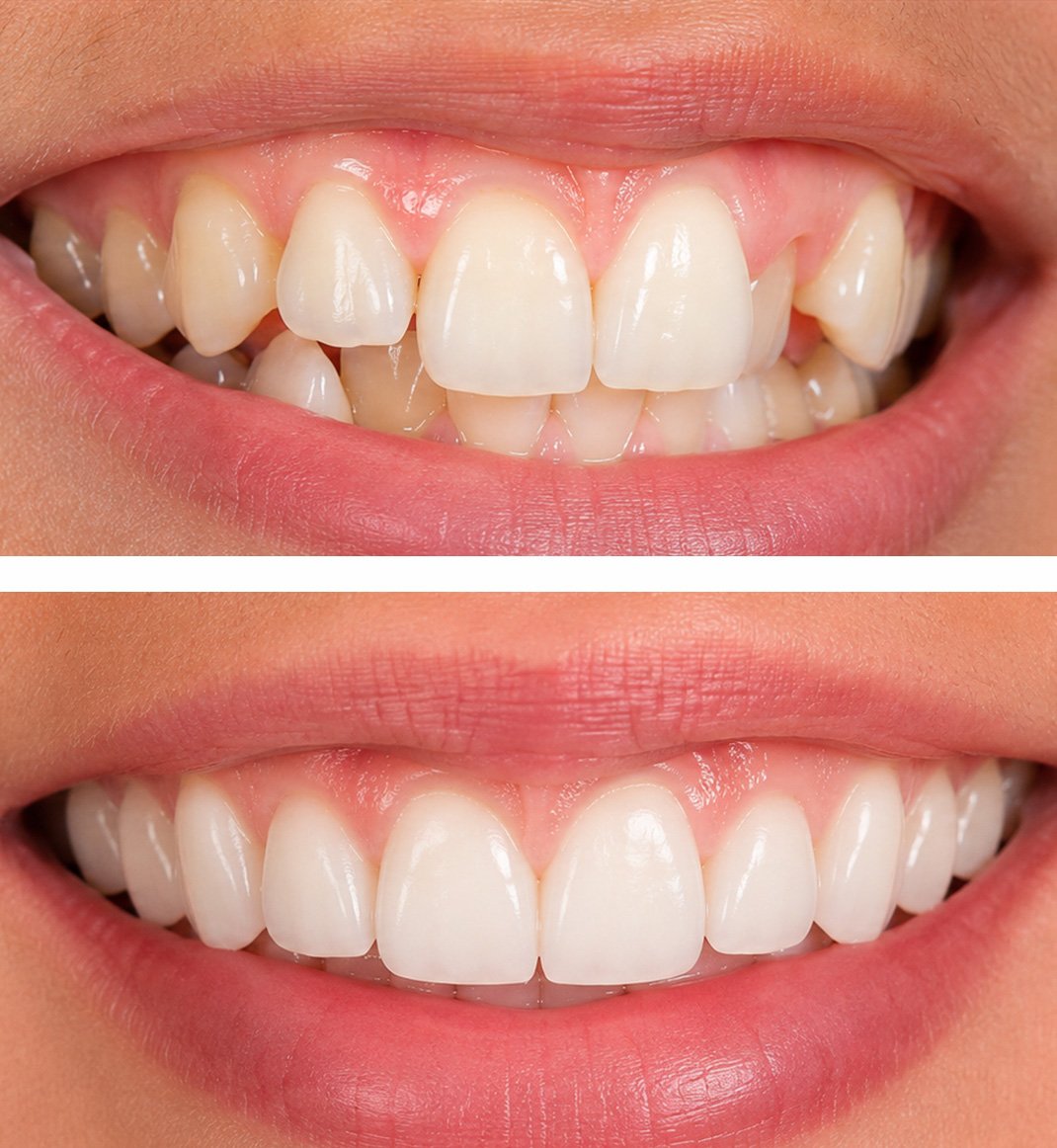 Split clinical view comparing deep bite and overlapping teeth before treatment and a bright, harmonious smile after orthodontics