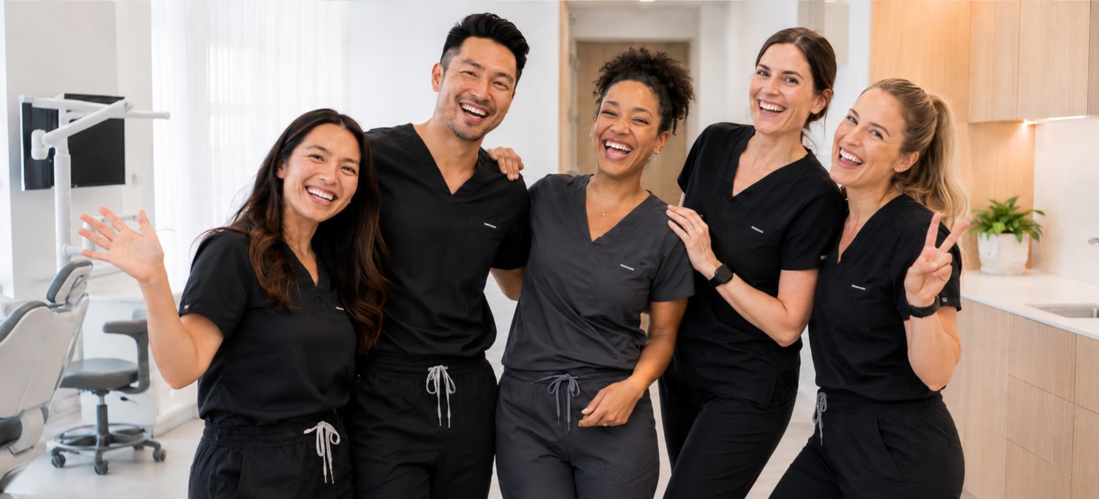 Friendly and professional dental clinic medical team standing together in uniform