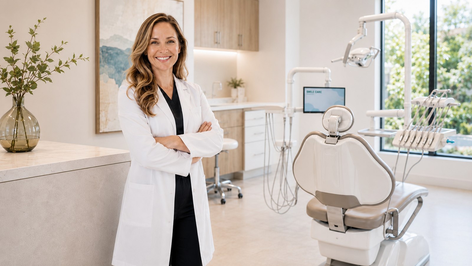 Professional female dentist standing confidently in a modern medical consulting room
