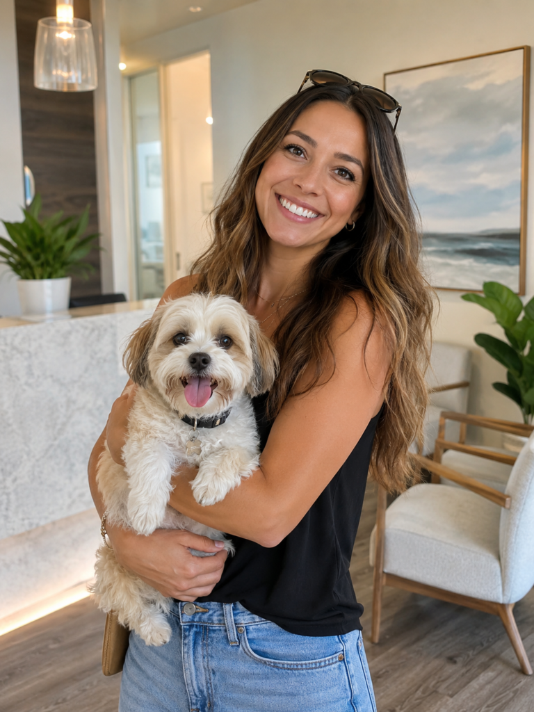 Smiling woman relaxing comfortably at home with her pet dog after dental recovery