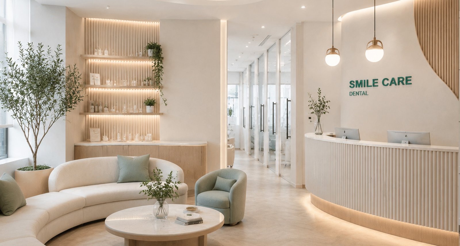 Bright and relaxing patient waiting area decorated with indoor plants and sofa seating