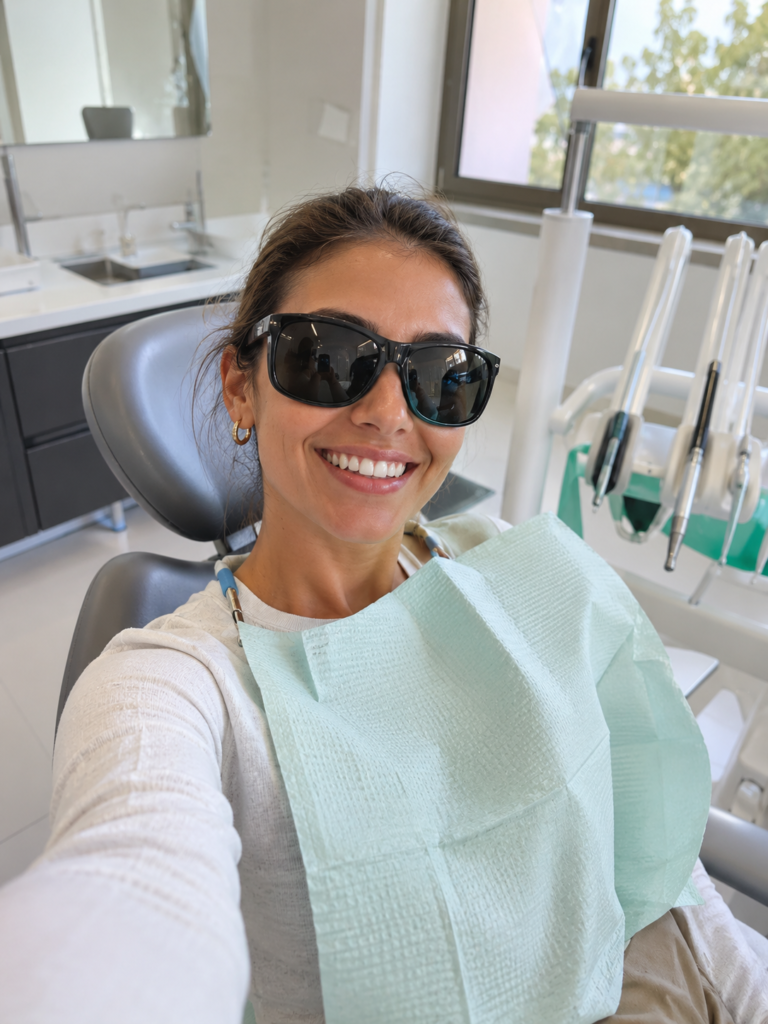 Happy female patient wearing protective eyewear sitting comfortably in the dental chair