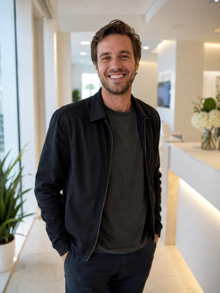 Confident male patient smiling brightly in the dental clinic gallery